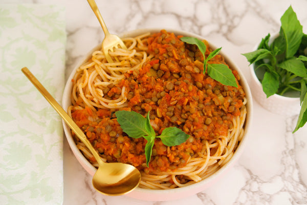 Teelixir Lentil Bolognese simple easy recipe with superfood medicinal Lion's Mane Mushroom dual extract powder for brain perfomance and mood elevating health benefits organic Vegan Gluten Free Paleo Keto healthy at home recipes for the whole family