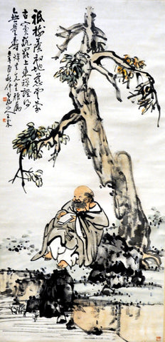 Chinese scroll of the monk Budai under a pine tree