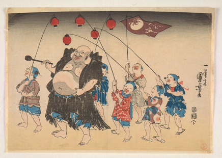 The Japanese Hotei deity with a group of children carrying red lanterns