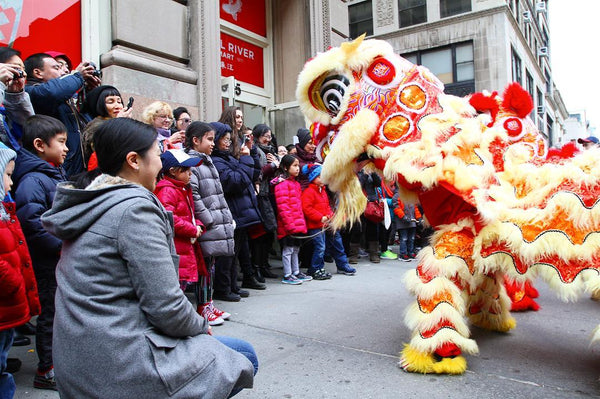 Crowd on sidewalk watching lion dancing