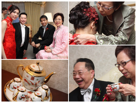 Scenes from the tea ceremony between bride and groom and parents