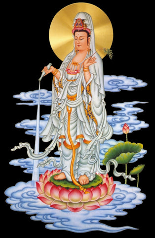 Guan Yin riding atop a giant lotus flower