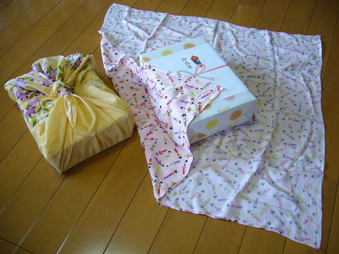 Two boxes wrapped in furoshiki cloth