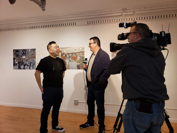 Artist Jerry Ma had a laugh with Roger Clark of NY1 as they discuss his exhibition, A Chinatown Odyssey