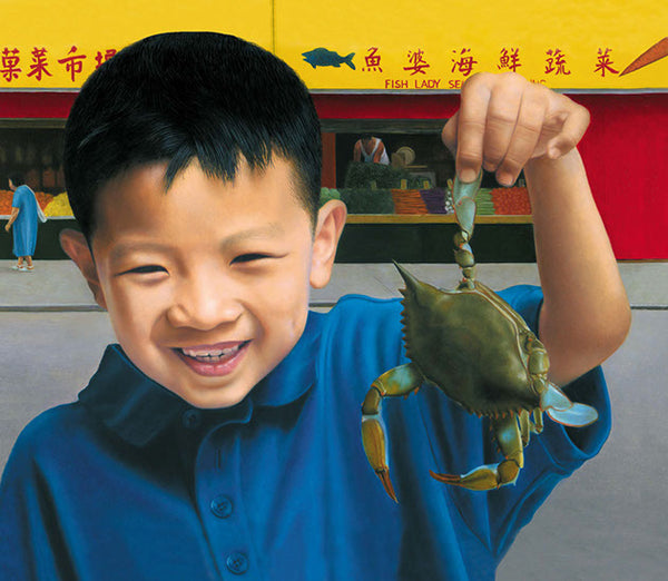 Painting of boy holding a crab