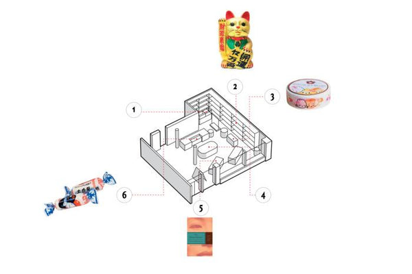 Blueprint of Pearl River's shop in Museum of Chinese in America with examples of items to be sold (lucky cat, washi tape, white rabbit candy, Woman Warrior book)