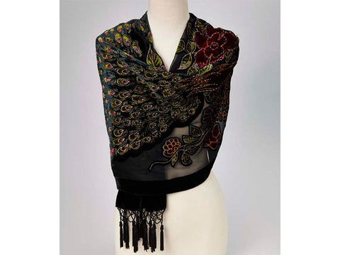 Gorgeous black shawl with iridescent peacock design