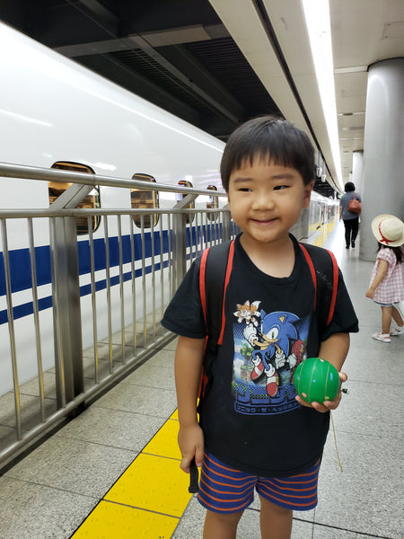A boy excited about getting on the bullet train