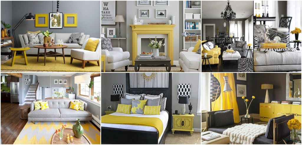 Decor ideas for grey living room, bedroom, yellow accent decor