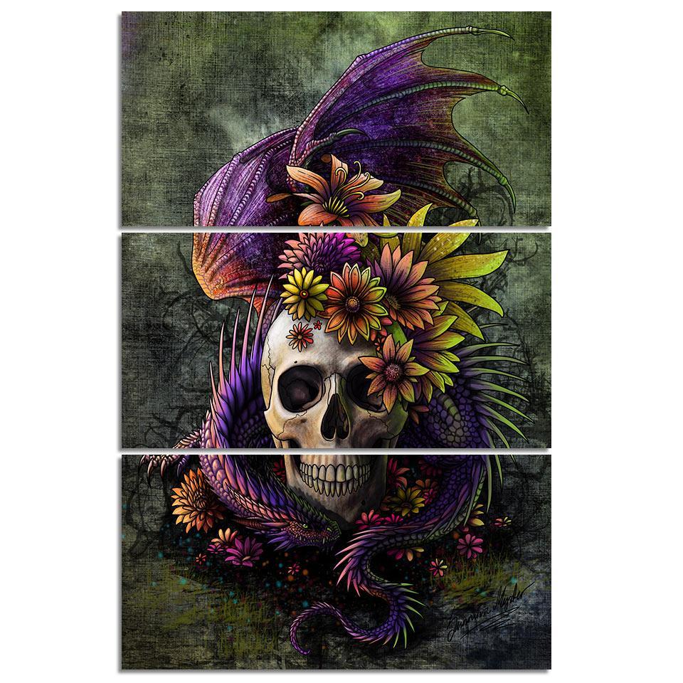 Flowery Skull Girly Goth 3 Piece Canvas Wall Art