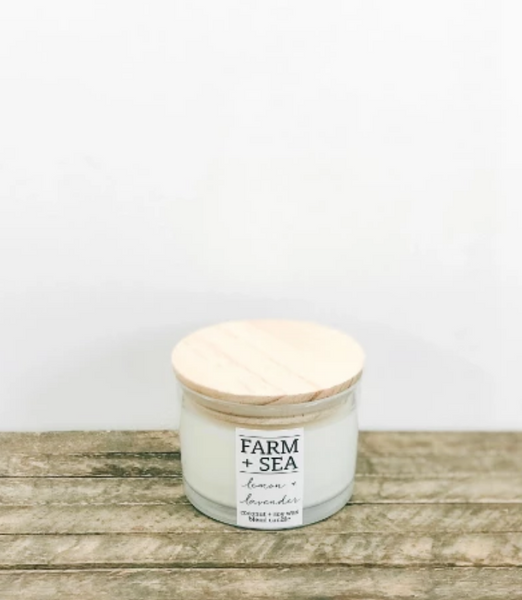 farm + sea wood lid candle in lemon + lavender