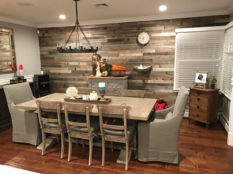 Plank & Mill reclaimed barn wood dining room accent wall