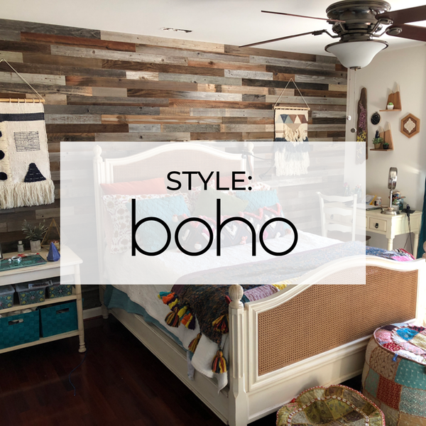 Boho Bedroom Featuring 3" Reclaimed Peel & Stick Wood Planks
