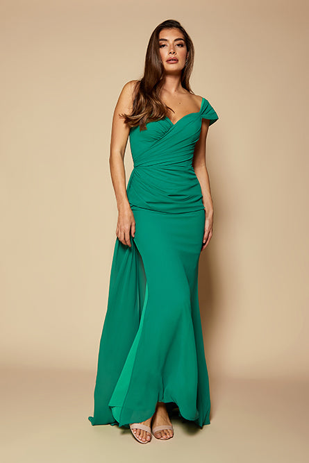 Emery Chiffon Ruched Maxi Dress with One Shoulder Sleeve, UK 6 / US 2 / EU 34 / Chiffon Green