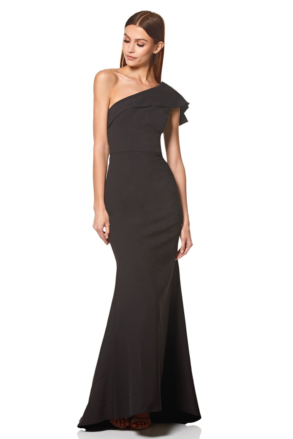 Levine Ruffle Frill One Shoulder Maxi Dress, UK 8 / US 4 / EU 36 / Black