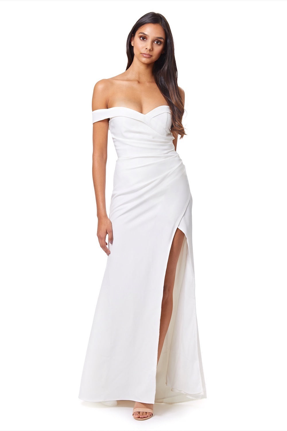 Bluebell Bardot Maxi Dress With Thigh Split And Button Back, UK 14 / US 10 / EU 42 / Ivory