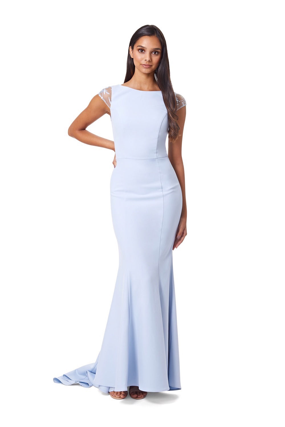 Masa Fishtail Maxi Dress with Lace Cap Sleeves and Embroidered Button Back, UK 14 / US 10 / EU 42 / Powder Blue