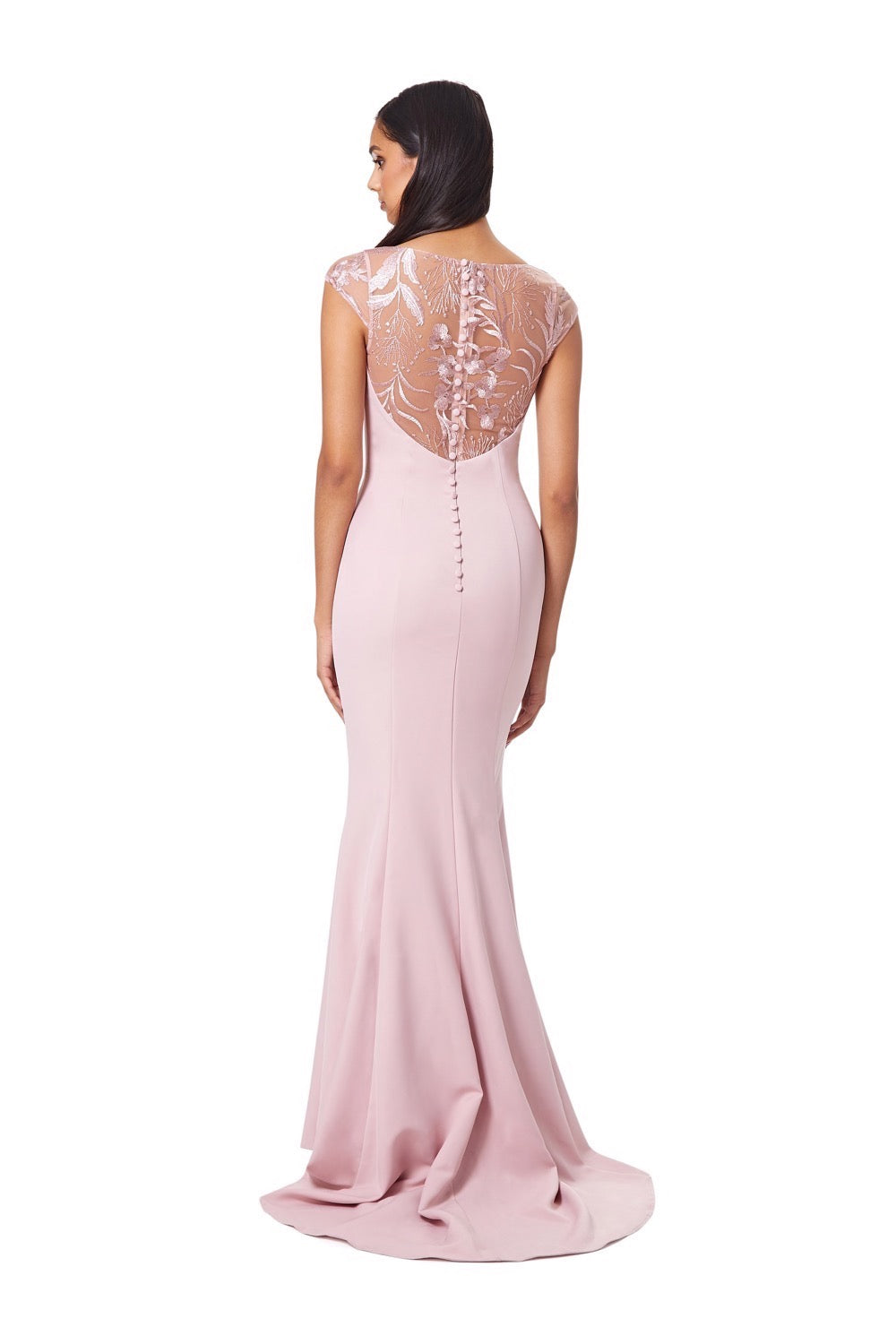 Masa Fishtail Maxi Dress with Lace Cap Sleeves and Embroidered Button Back, UK 8 / US 4 / EU 36 / Original Pink
