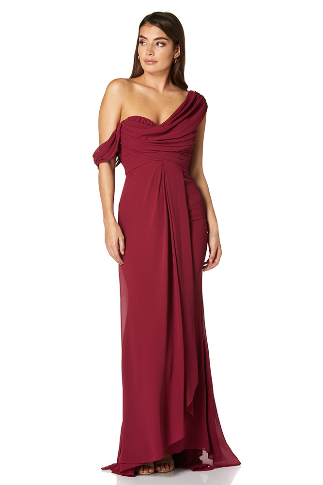 Paloma Pleated Drape One Shoulder Chiffon Gown, UK 14 / US 10 / EU 42 / Burgundy