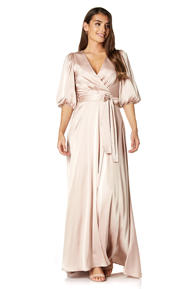 Jasmine Balloon Sleeve V Neck Wrap Tie Dress, UK 8 / US 4 / EU 36 / Champagne Nude