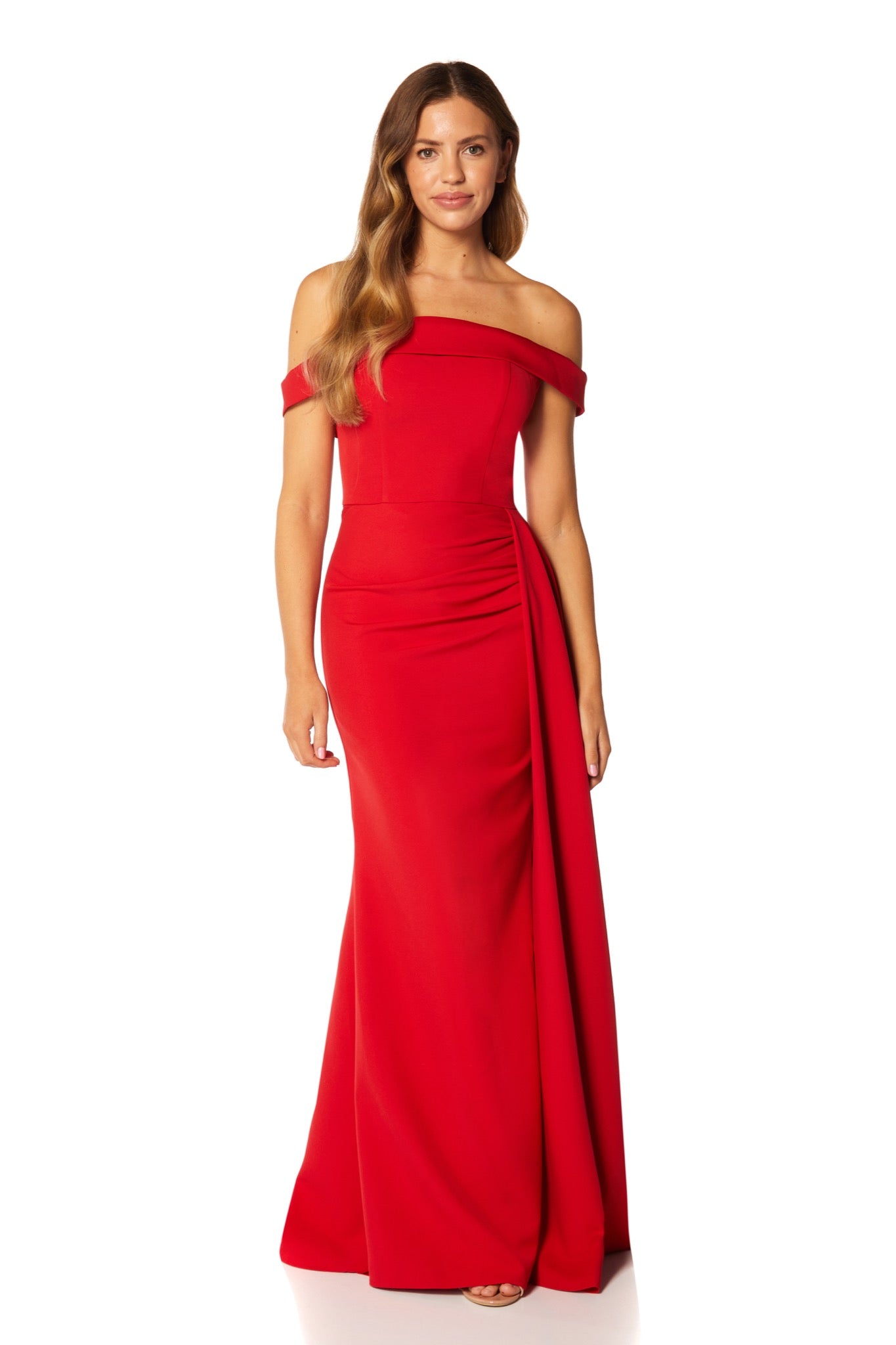 Monica Off Shoulder Maxi Dress Pleated Side Skirt Drape, UK 12 / US 8 / EU 40 / Red