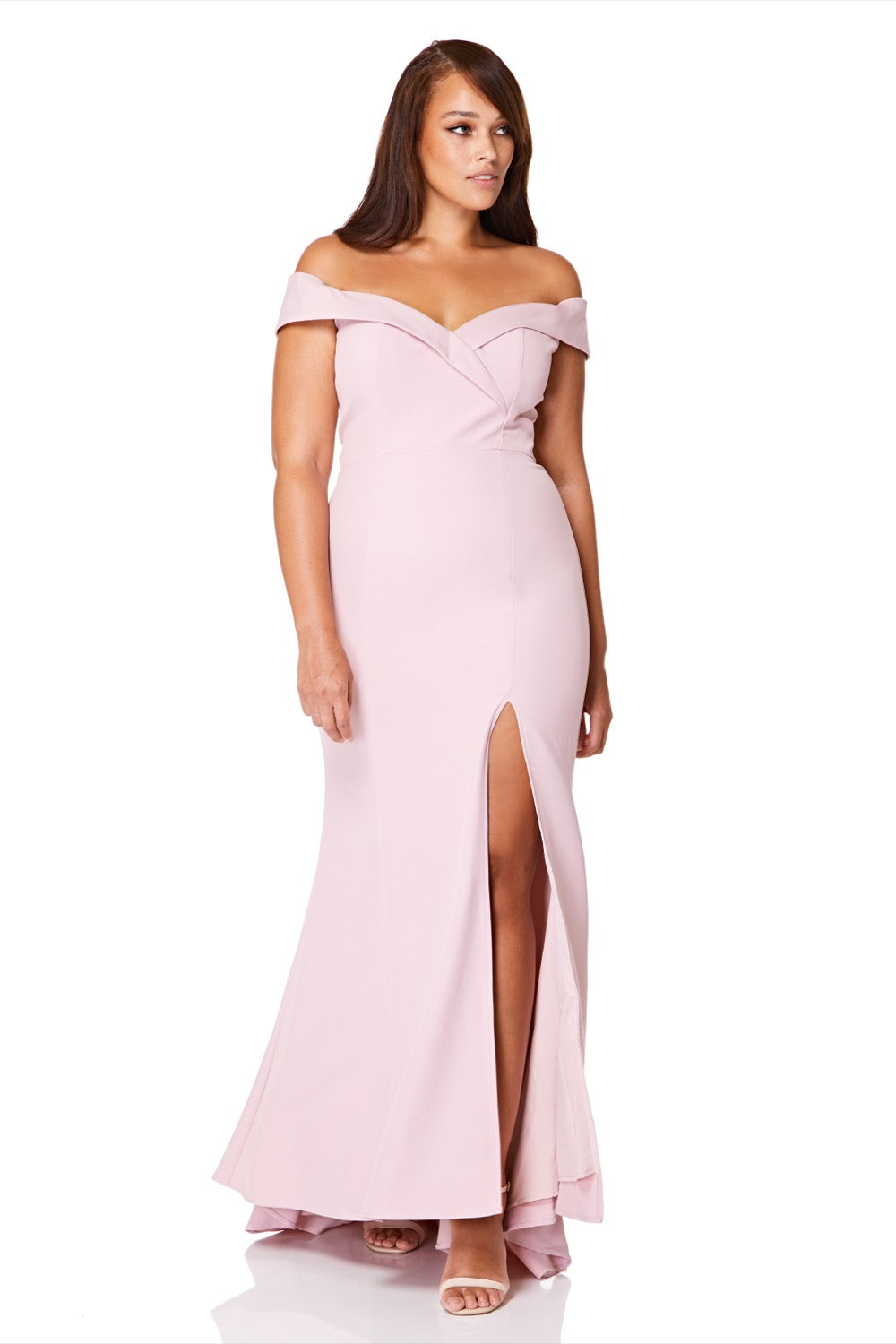 Bella Bardot Maxi Dress With Thigh Split And Train, UK 16 / US 12 / EU 44 / Original Pink