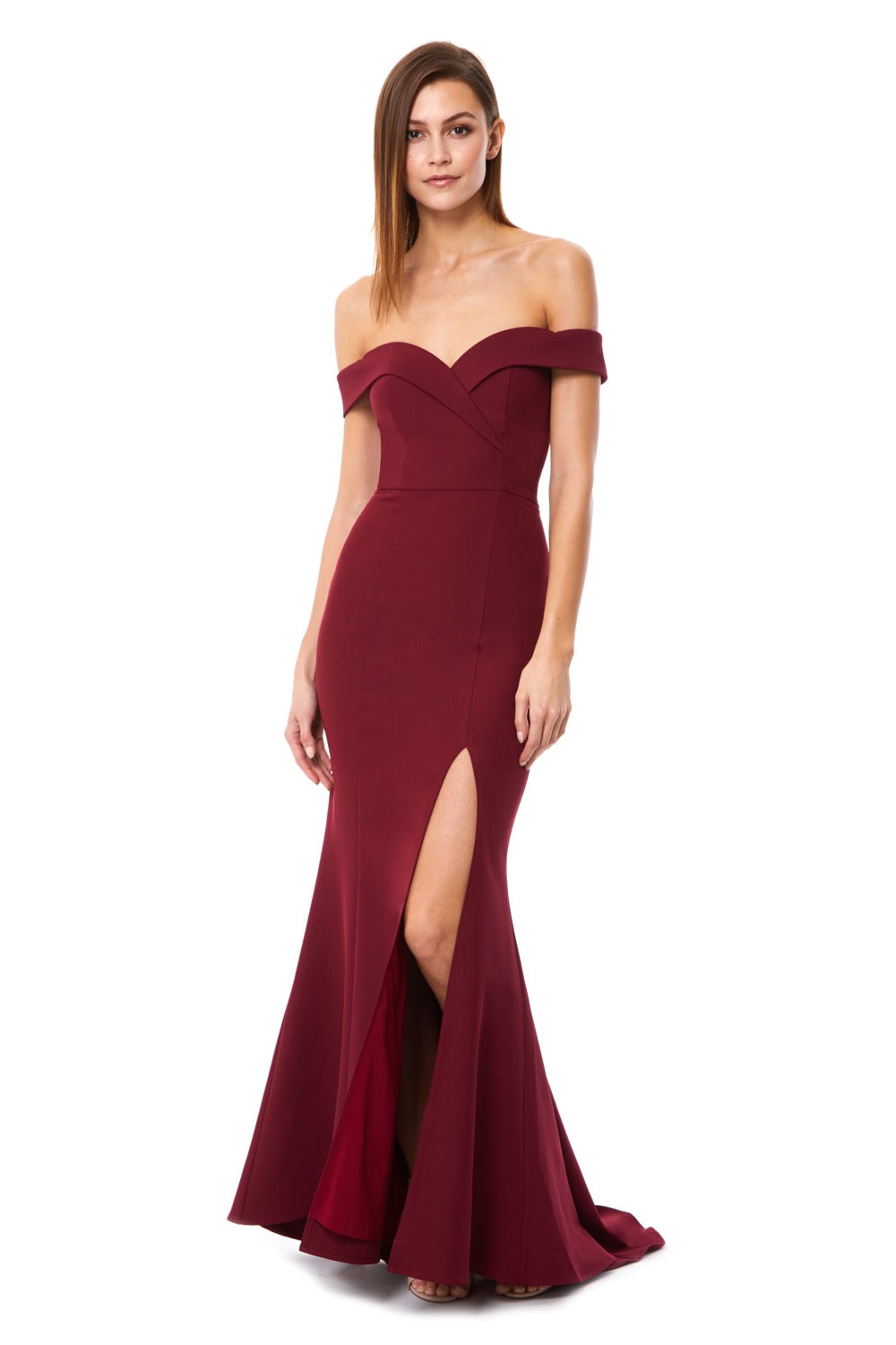 Bella Bardot Maxi Dress With Thigh Split And Train, UK 6 / US 2 / EU 34 / Burgundy