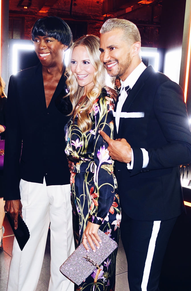 Jackie Miranne with Jay Manuel, & Miss J Alexander, wearing hark and hammer in NYC 