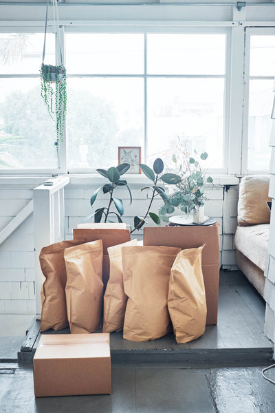Bags of Canyon Coffee waiting to be shipped out | Home office | Bright spaces