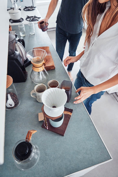 Coffee rituals | Ally and Casey of Canyon Coffee making coffee at home | Chemex, v-60, and canyon coffee pourover stand