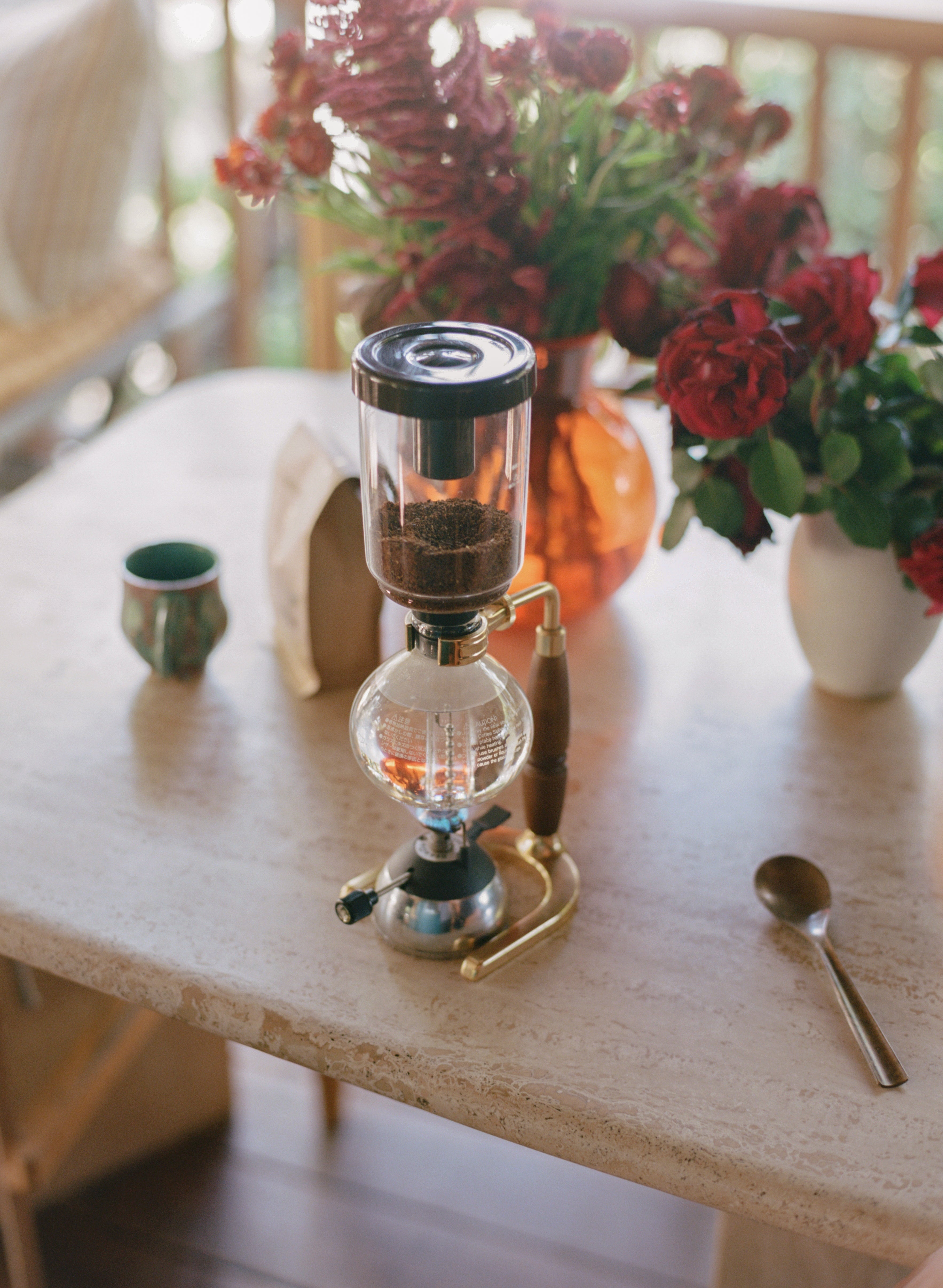 Beautiful brass and wood coffee siphon at the home of Beatrice Valenzuela in Echo Park, California. Photo by Justin Chung for Canyon Coffee.