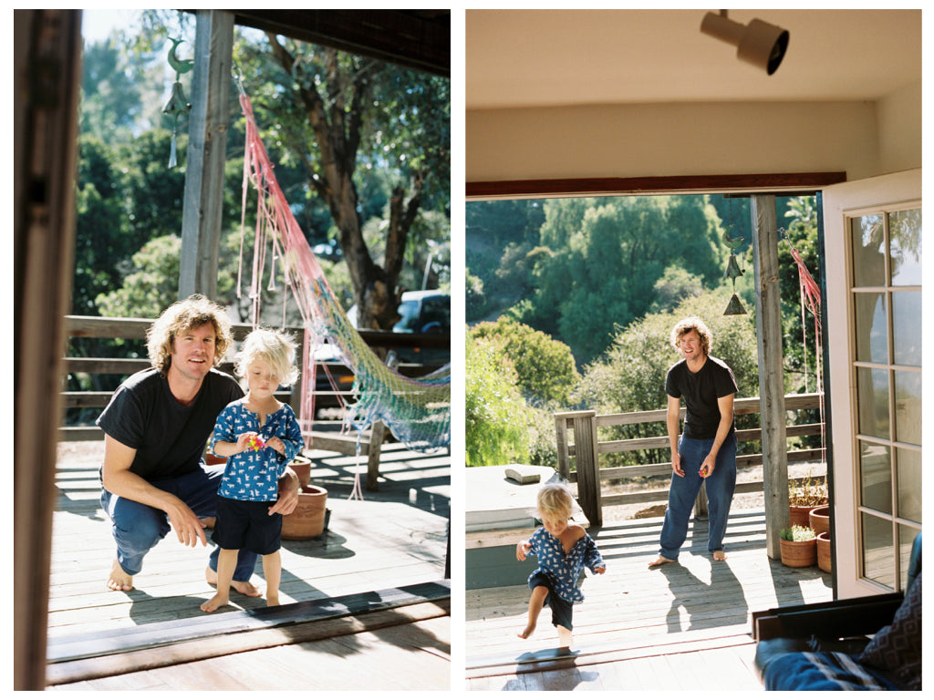 Luke Harwood and son Cisco on their deck in Topanga Canyon | Photo by Justin Chung