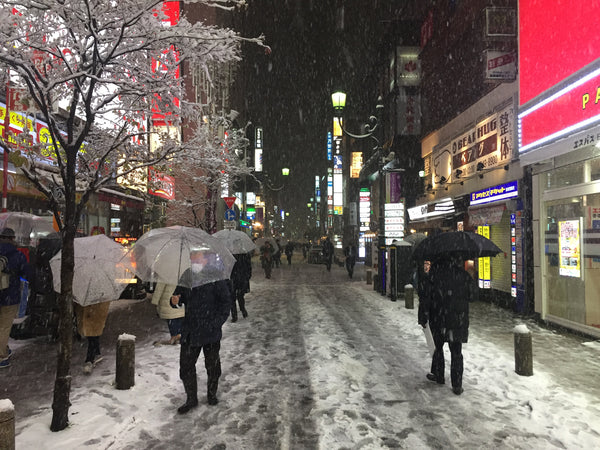 Snow on the busy streets and sidewalks