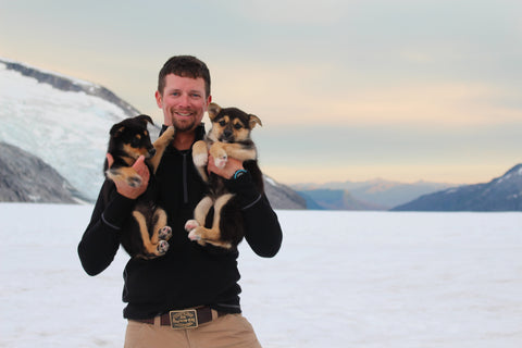 Man in snowy landscape holding two puppies