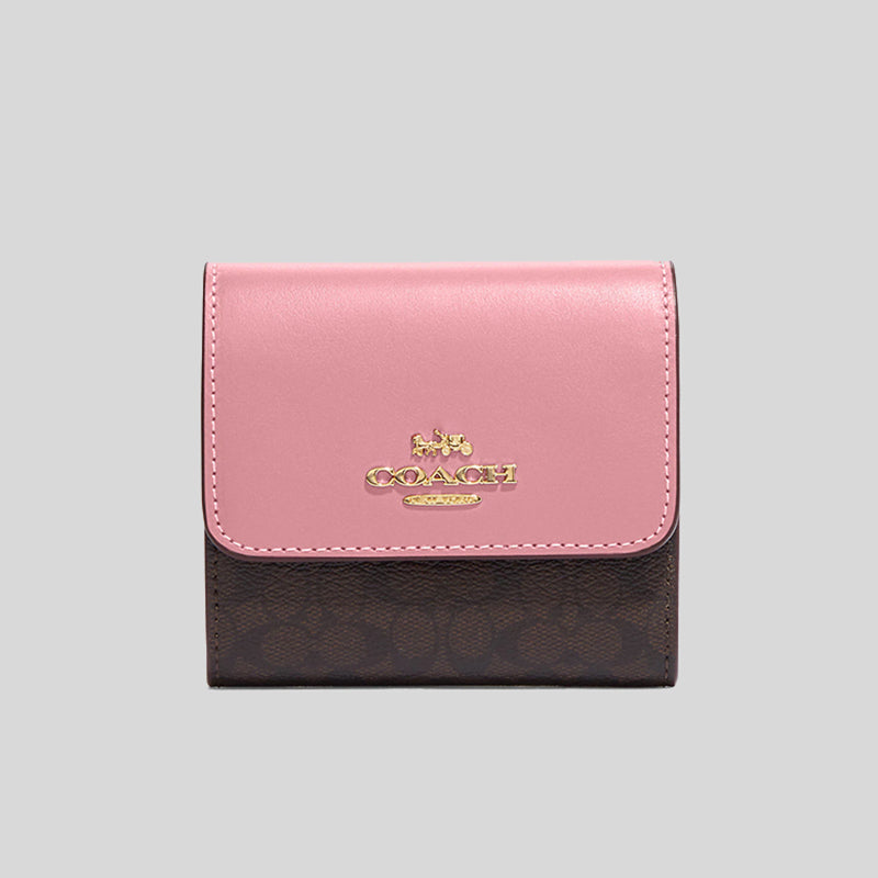 Coach Small Trifold Wallet In Colorblock Signature Canvas Brown Pink C –  LussoCitta