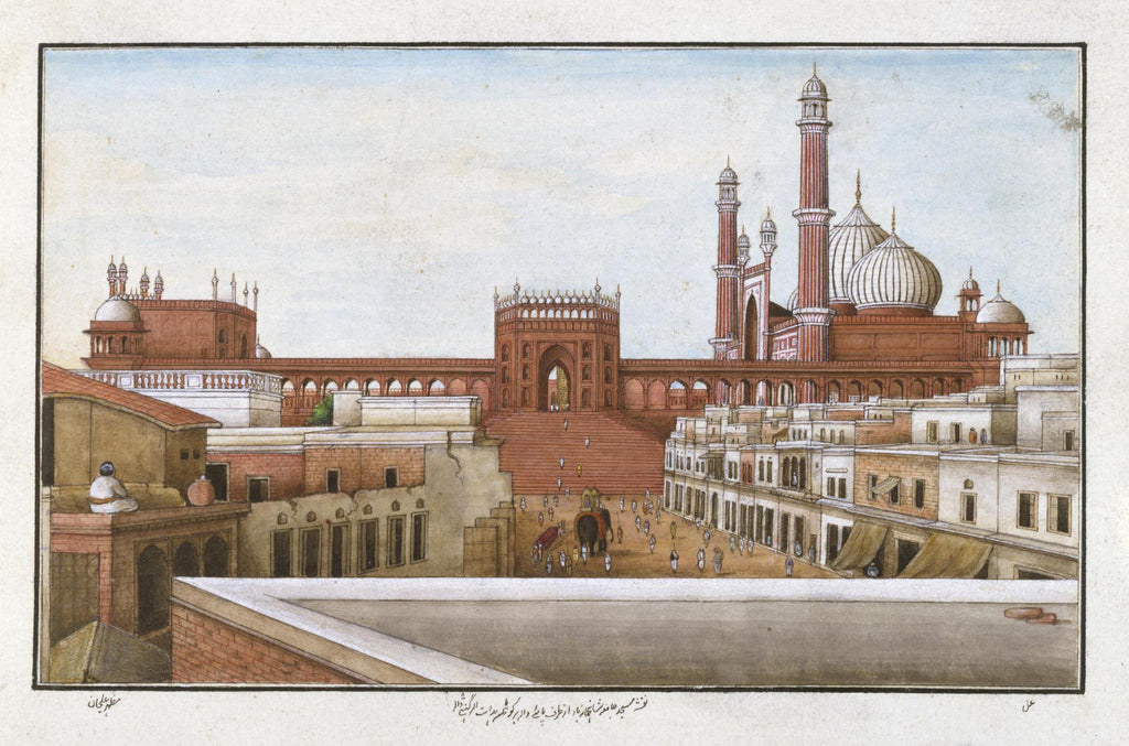 Delhi India Chandni Chowk Vintage painting Red Fort Jama Masjid