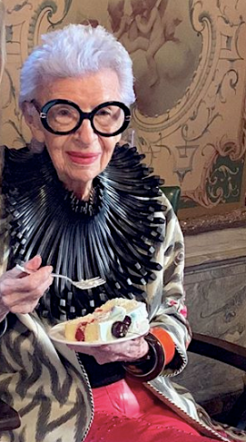 Iris Apfel wearing Lai's Channapatna lacquered wooden 'warrior' bangle at an event at Hudson yard in New York