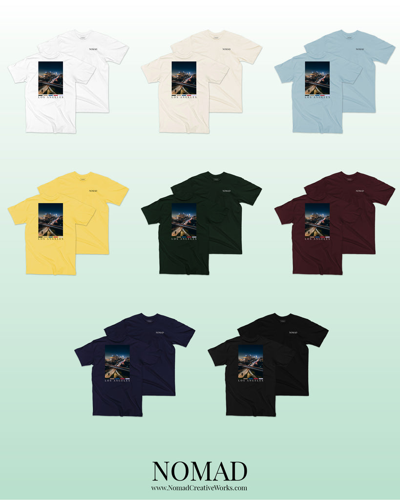 The Los Angeles Back Print T-Shirt by Nomad Creative Works, featuring a back print of the Los Angeles skyline