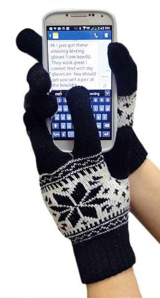 Texting Gloves - Black SnowFlake Pair Of Gloves For Touch Screen