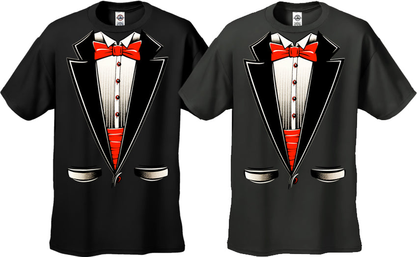 Tuxedo T-Shirts - Mens Tuxedo T-Shirt with Red bow tie and Cummerbund
