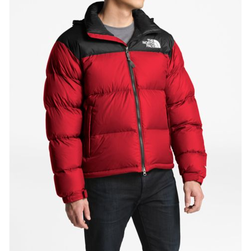 red and grey north face jacket