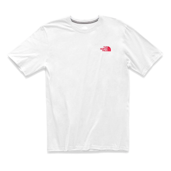 white and red north face t shirt