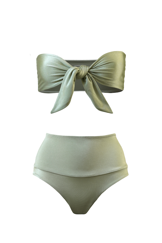 bandeau bikini top with high waisted bottoms