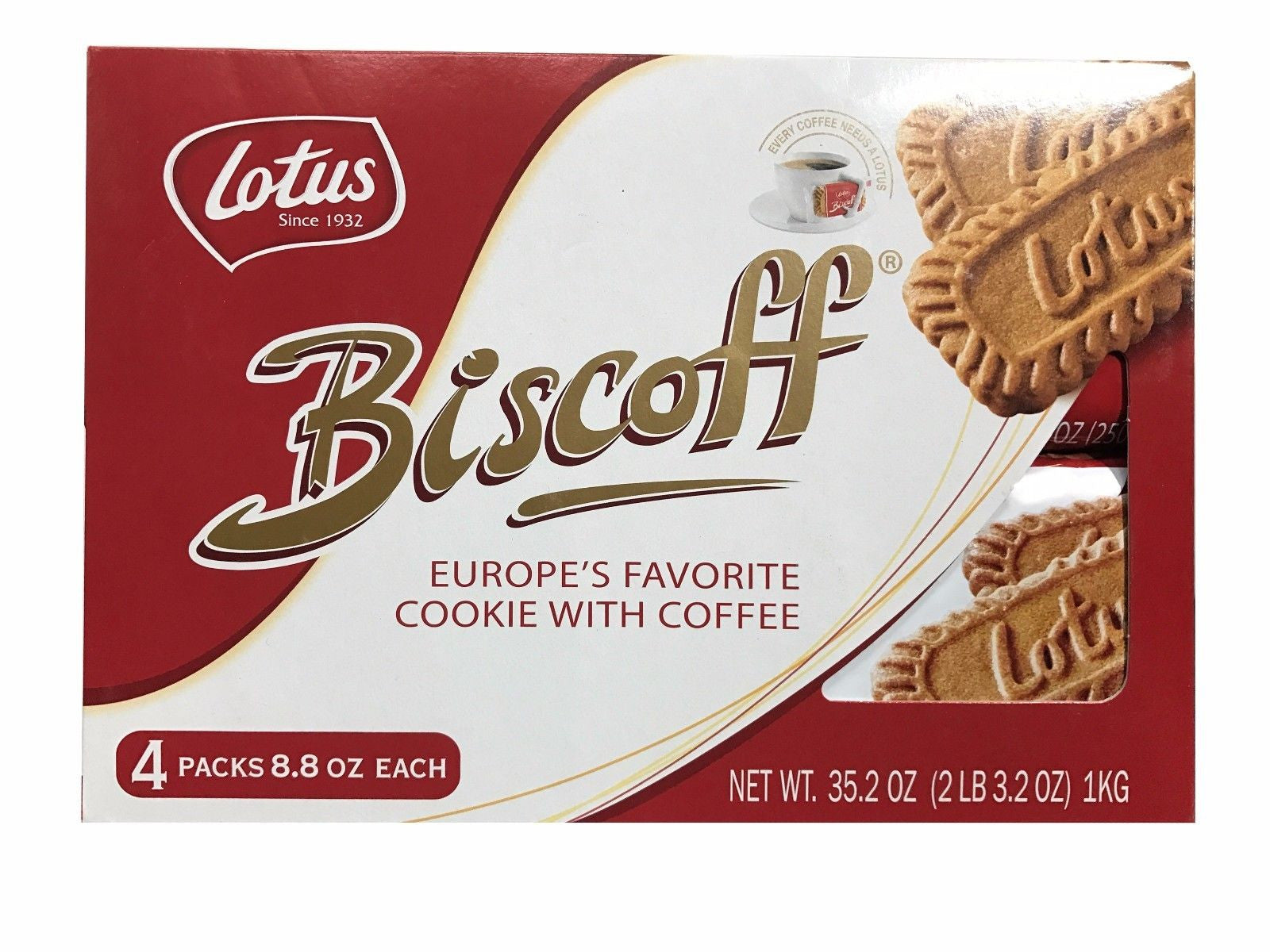 Lotus Biscoff Europe's Favorite Cookie with Coffee 8.8oz 4 Packs Net 2lb 3.2oz