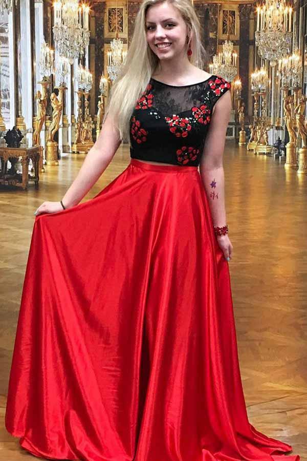 Two Piece Round Neck Red Satin Prom Dress With Lace Appliques Pgmdress