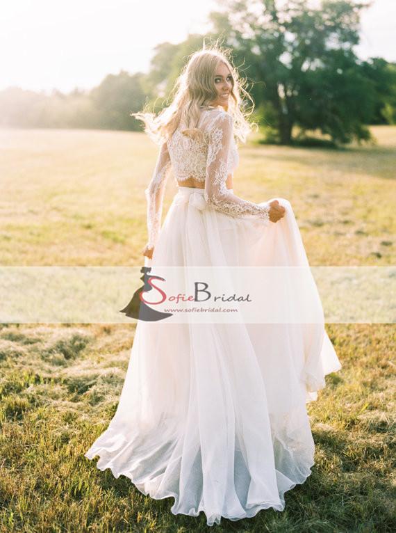 2 Pieces Lace Top Chiffon Skirt Wedding Dresses Romantic Country