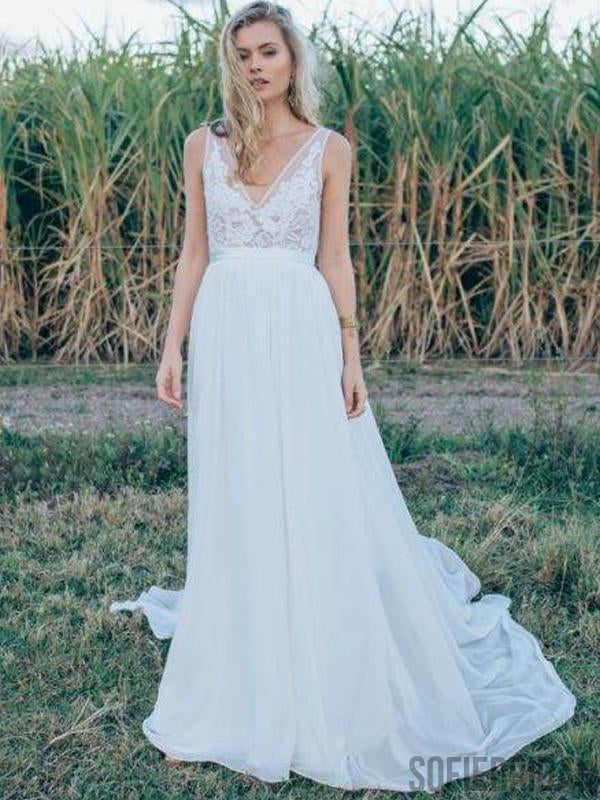 V Neck Lace Chiffon Long A Line Simple Country Wedding Dresses