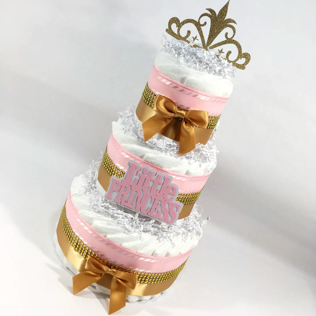 3 Tier Pink & Gold Little Princess Diaper Cake Baby Shower Gift Centerpiece-Girl 