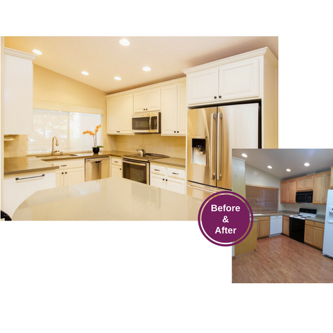 Before and After Photo of Remodeled Kitchen with White Painted Cabinets, Stainless Steel Appliances and Quartz Countertops