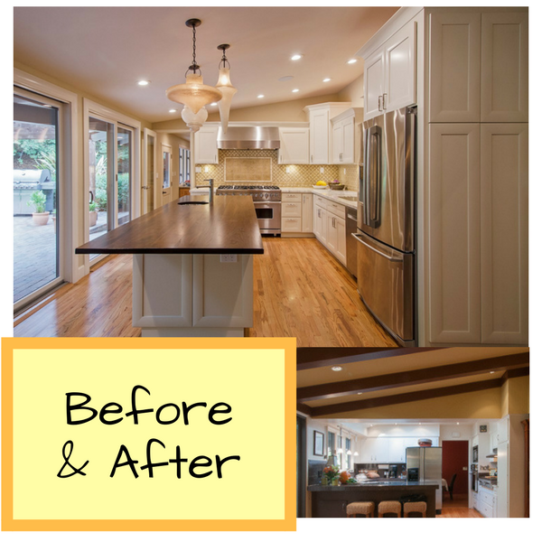 Lafayette California Kitchen Remodel by Interior Designer Jackie Lopey, Crystal Cabinet Works White Painted Cabinets, Marble & Wood Countertops, Wood Floor, Custom Encaustic Tile Backsplash, Different Size and Shape Pendant Lights over Island
